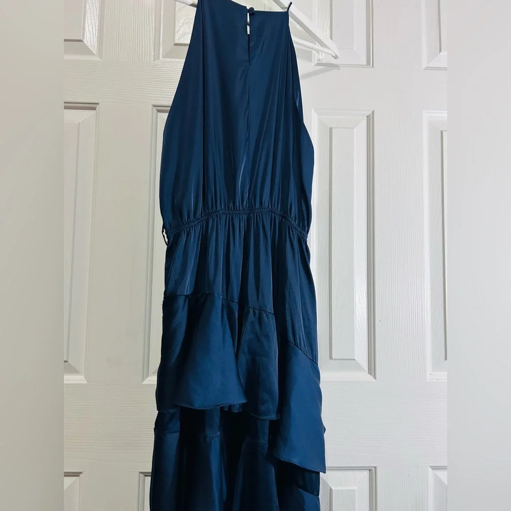 Petal & Pup Seychelles Navy Tiered Ruffle Maxi Dress Halter Satin Evening Dress - Picture 4 of 9
